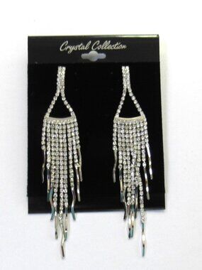 Long Silver Clear Rhinestone Crystal Chandelier Dangle Drop Earrings Evening